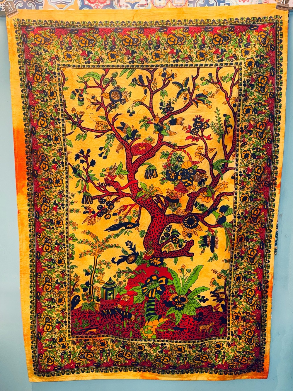 Vintage Tree of Life Wall Tapestry Boho Floral Bird Print Textile 43” x 28”